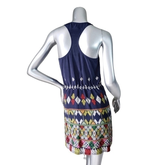 Cynthia Vincent Navy Blue Geometric Print Drawstring Waist Tank Dress Small Boho - Picture 4 of 7